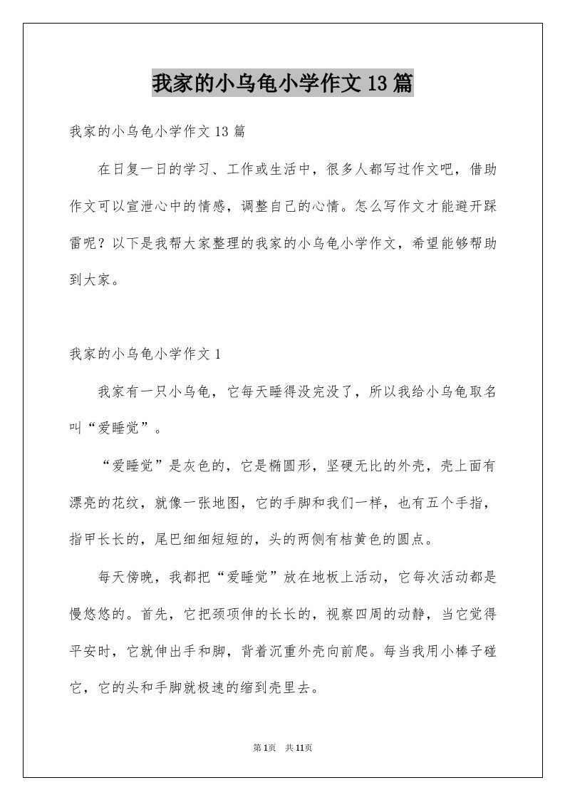 我家的小乌龟小学作文13篇