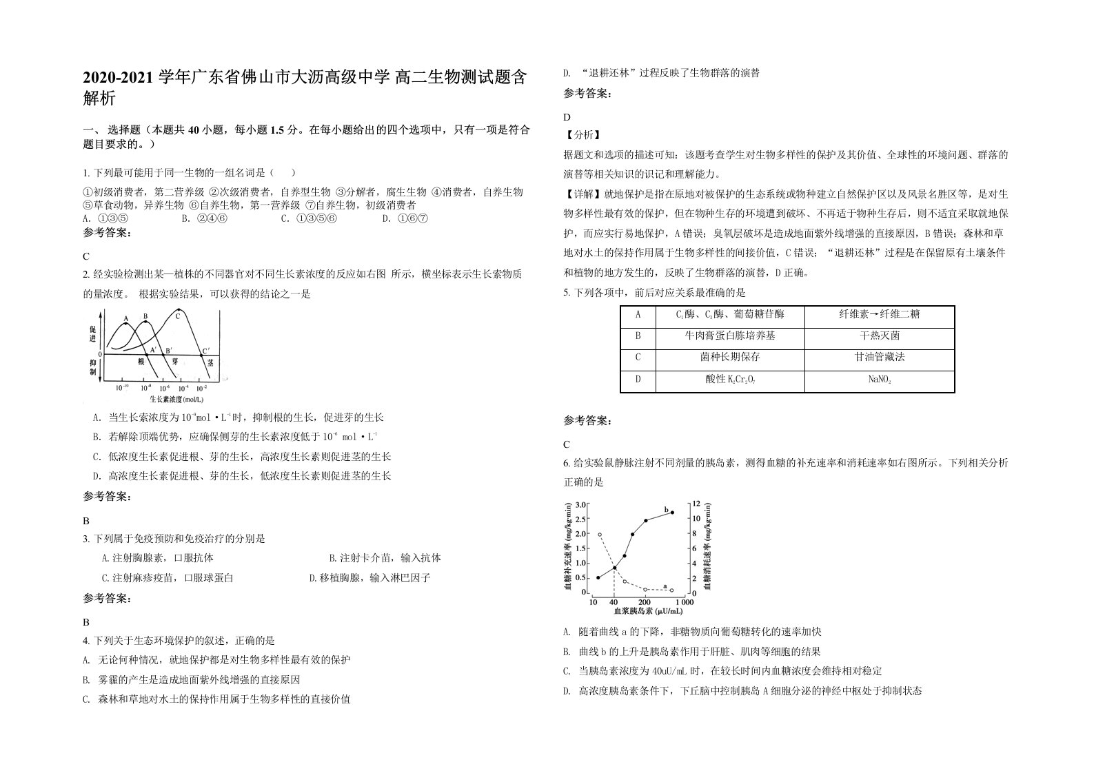 2020-2021学年广东省佛山市大沥高级中学高二生物测试题含解析