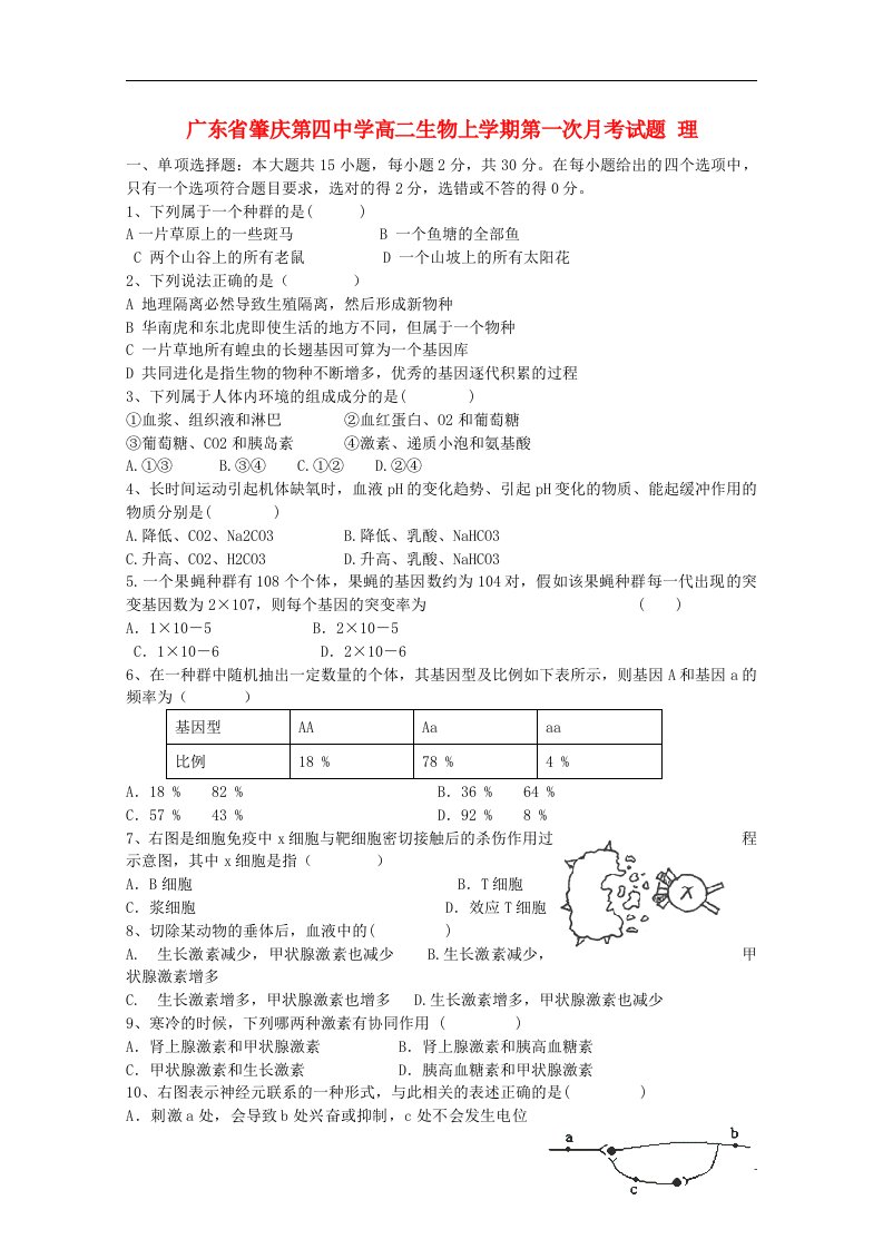 广东省肇庆第四中学高二生物上学期第一次月考试题