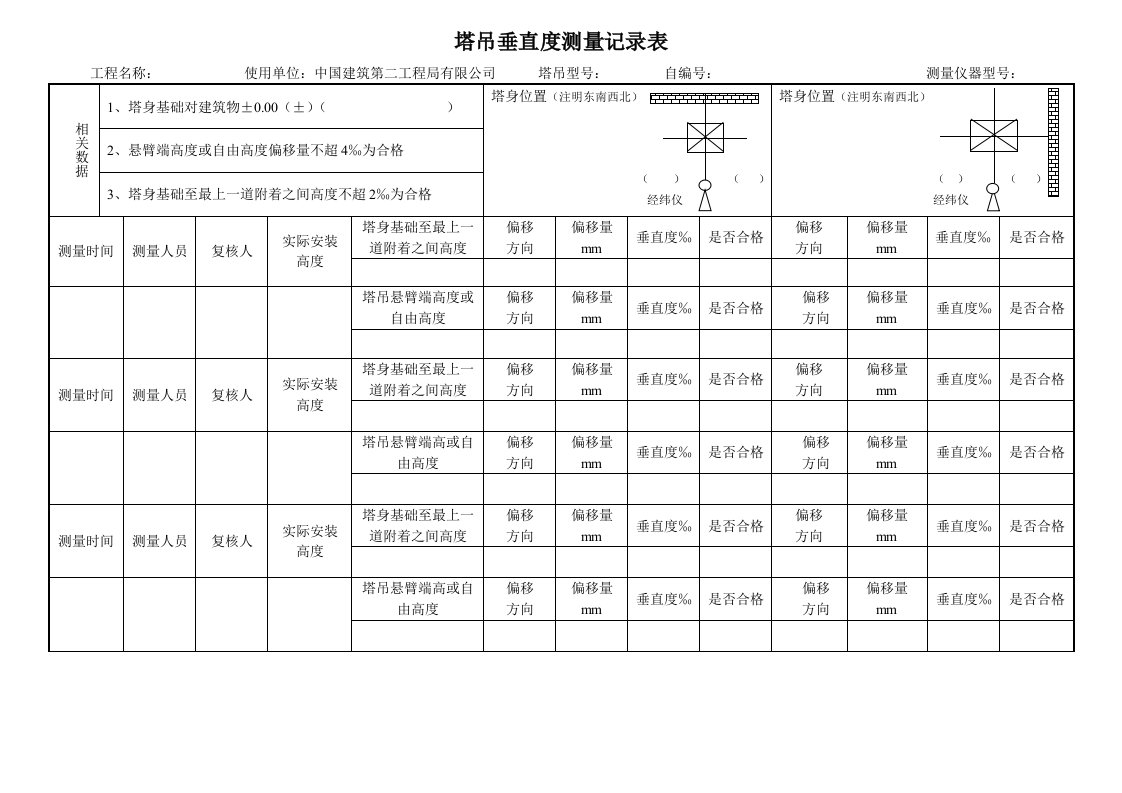 塔吊垂直度测量记录表