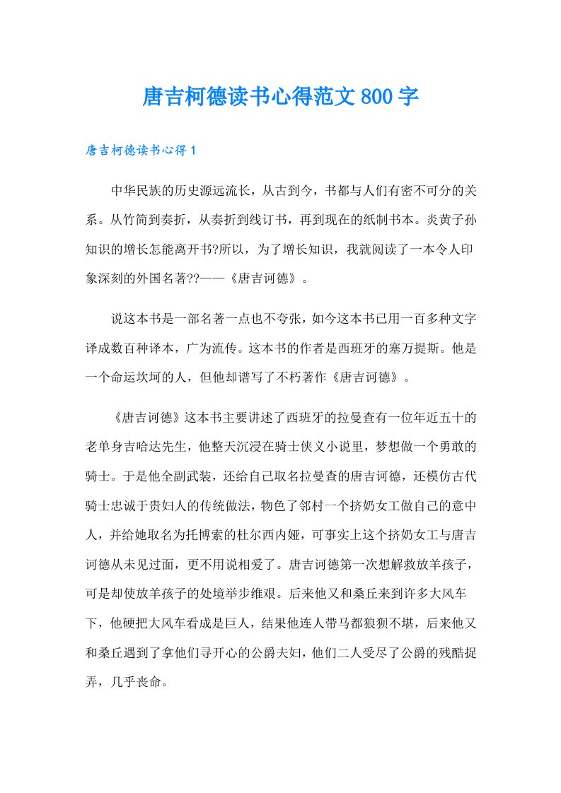 唐吉柯德读书心得范文800字