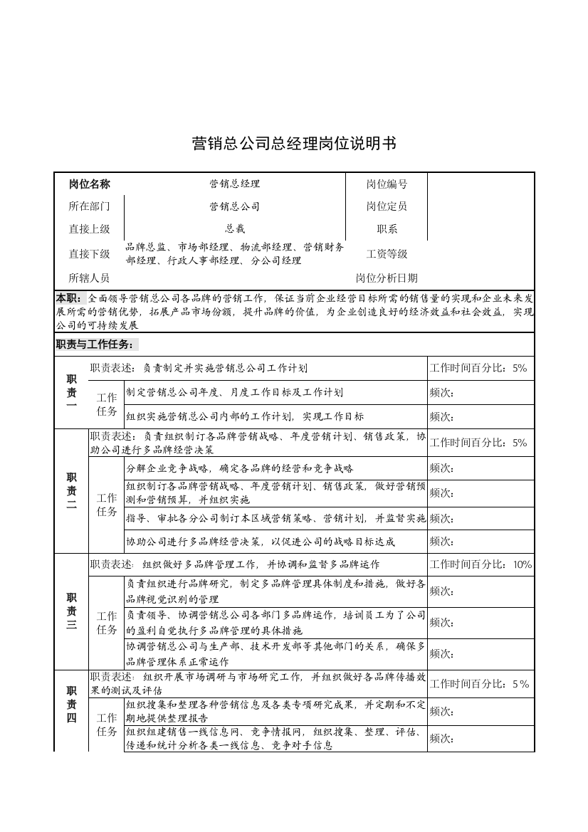 营销总公司总经理的岗位说明书