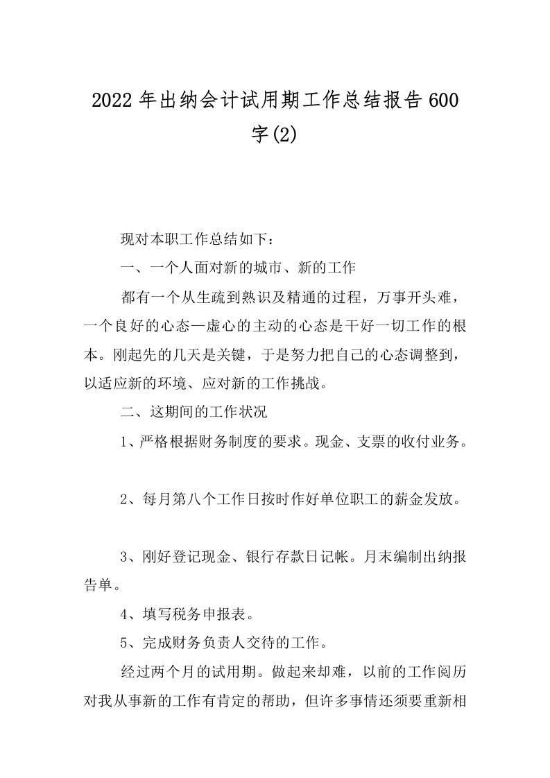 2022年出纳会计试用期工作总结报告600字(2)