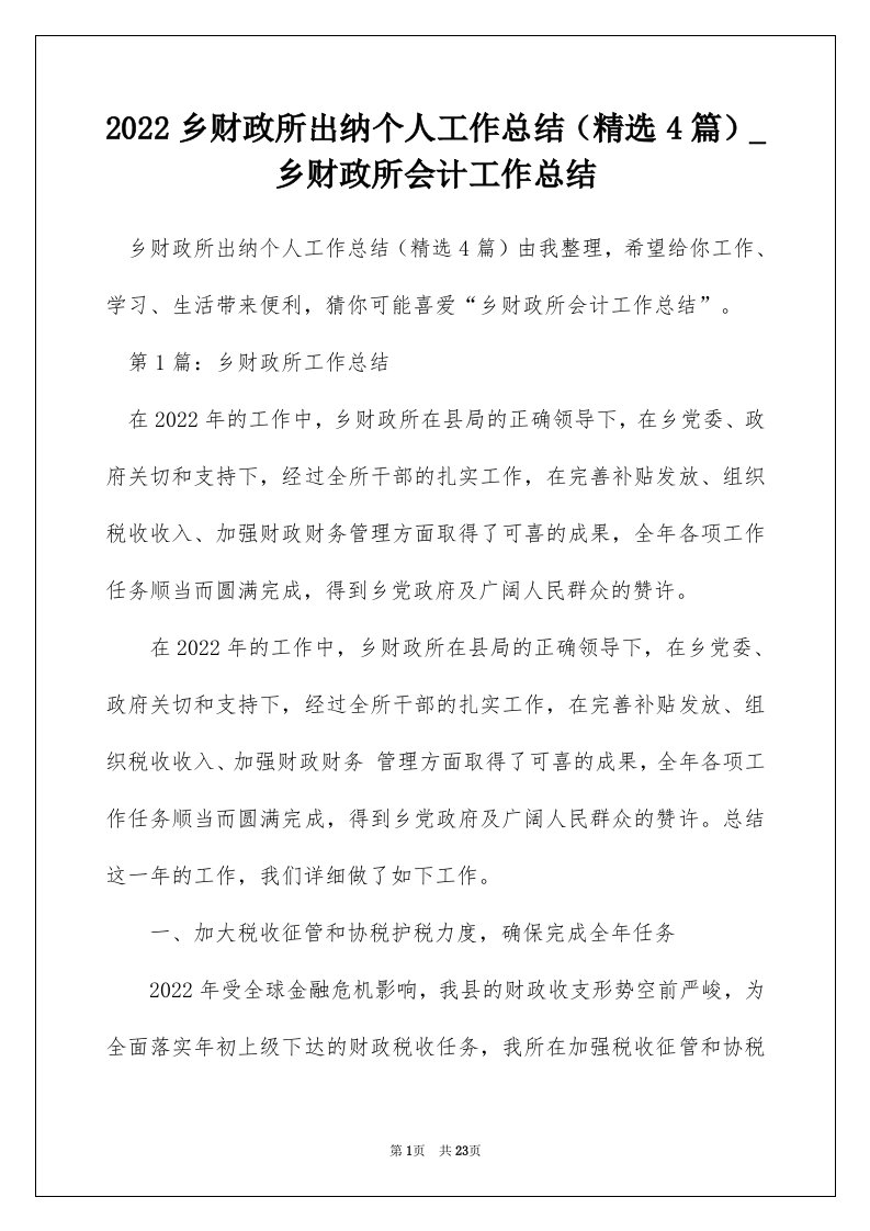 2022乡财政所出纳个人工作总结（精选4篇）