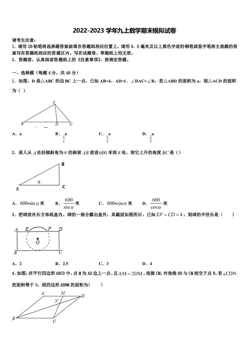 2023届河南省平顶山市舞钢市九年级数学第一学期期末达标测试试题含解析