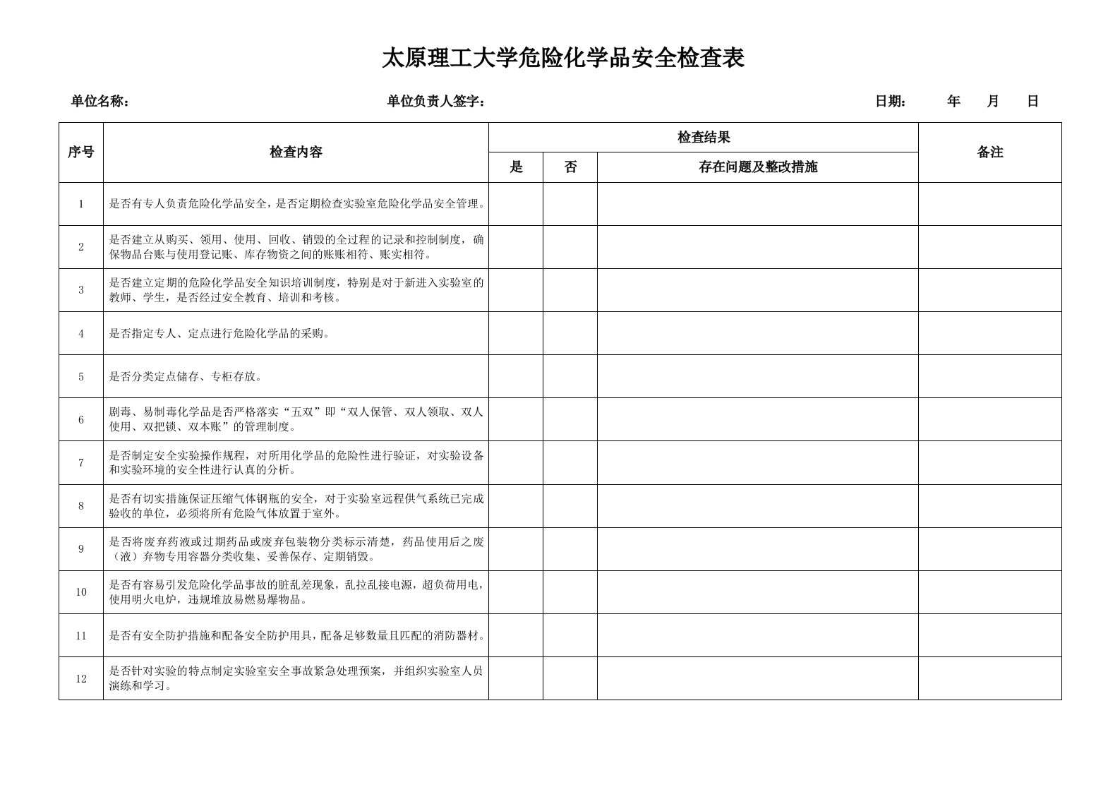 太原理工大学危险化学品安全检查表