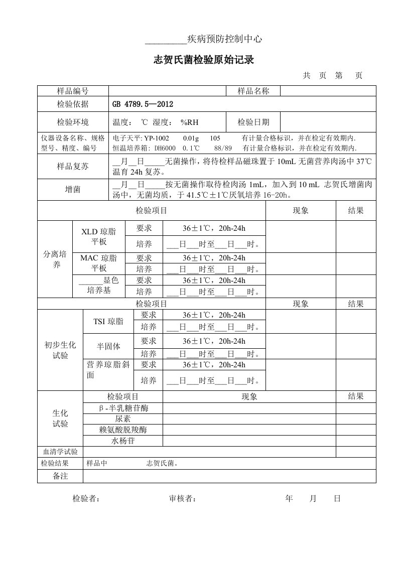 志贺氏菌检验原始记录