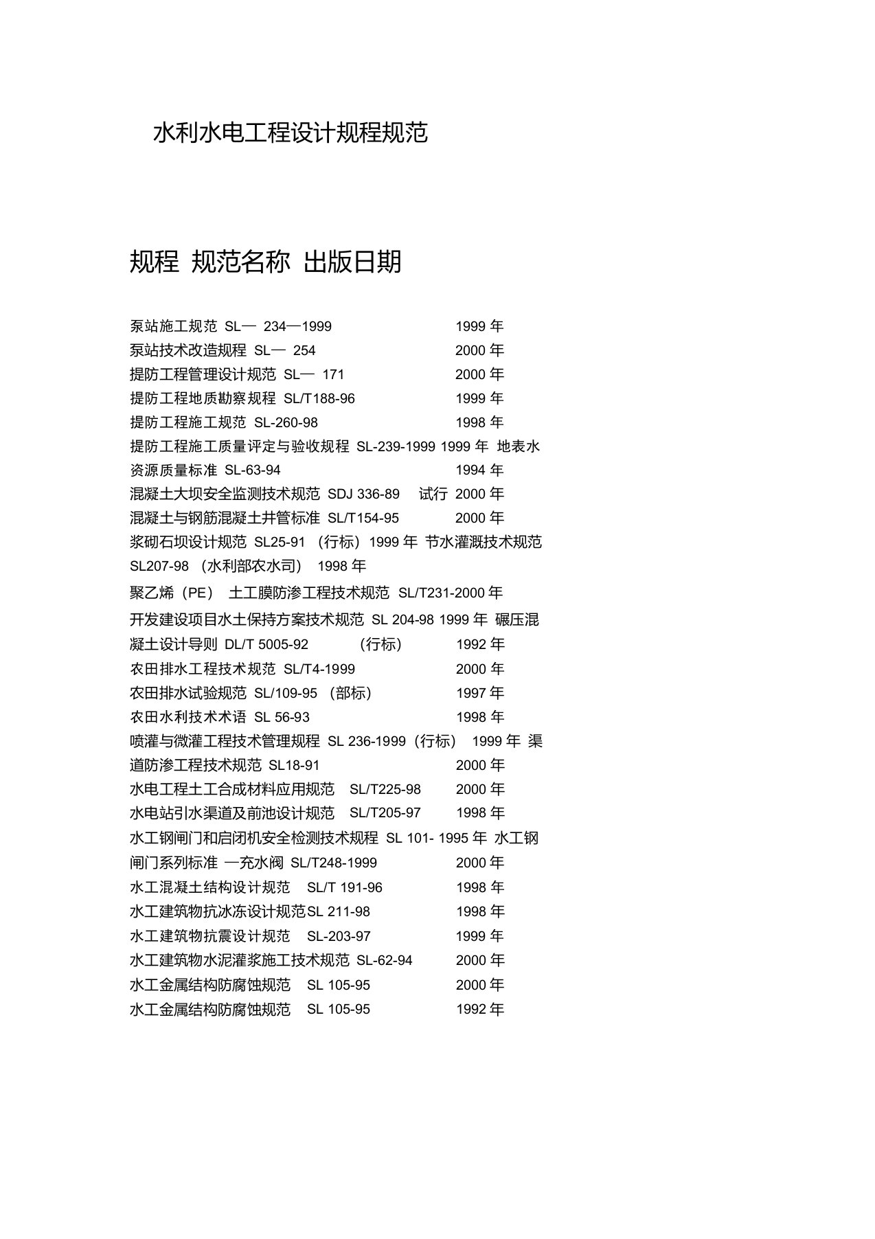 水利水电工程设计规程规范