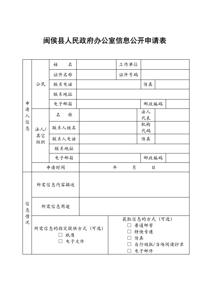 闽侯县人民政府办公室信息公开申请表