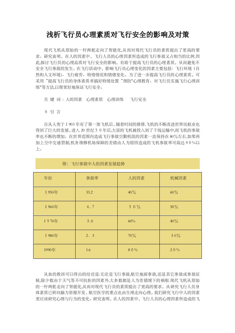 浅析飞行员心理素质对飞行安全的影响及对策