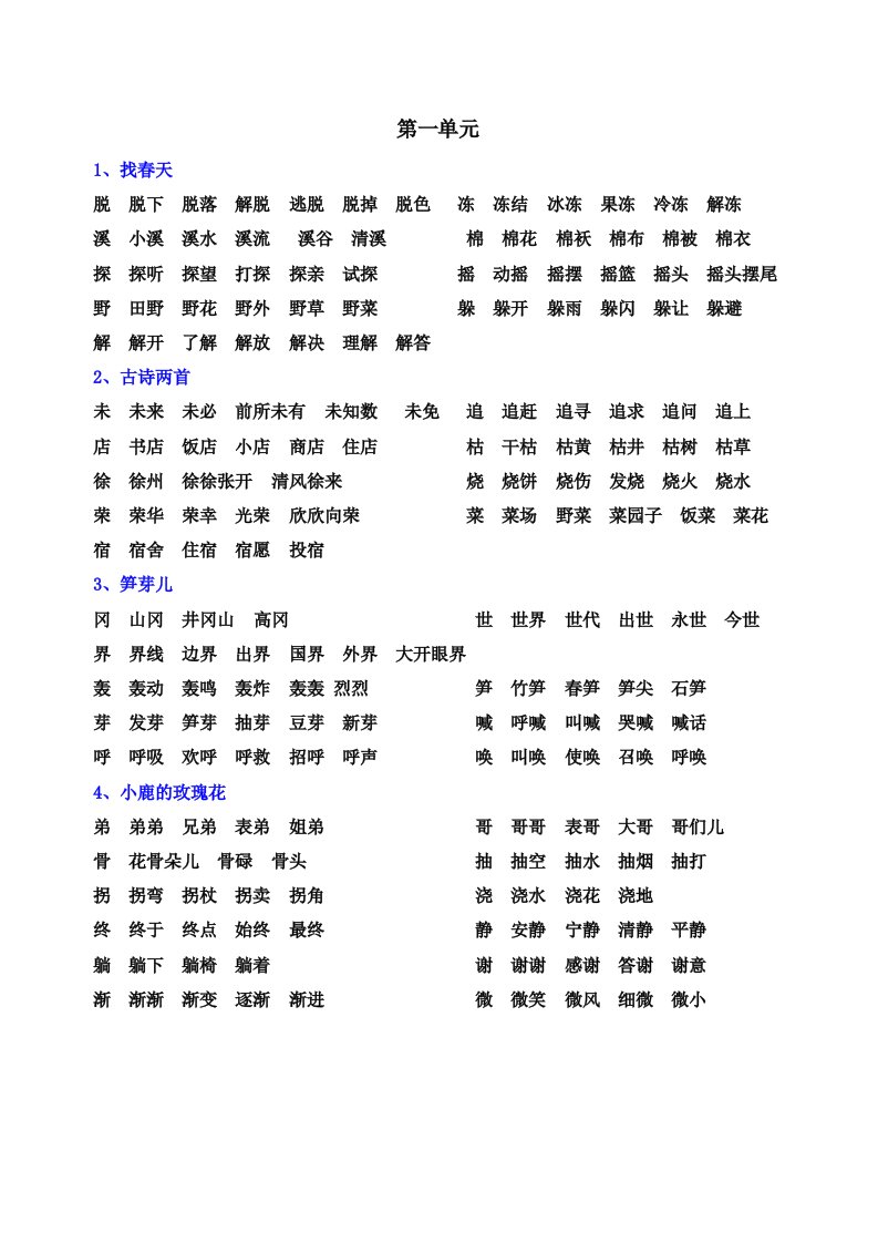 人教版语文二年级下册生字表二组词(蓝)