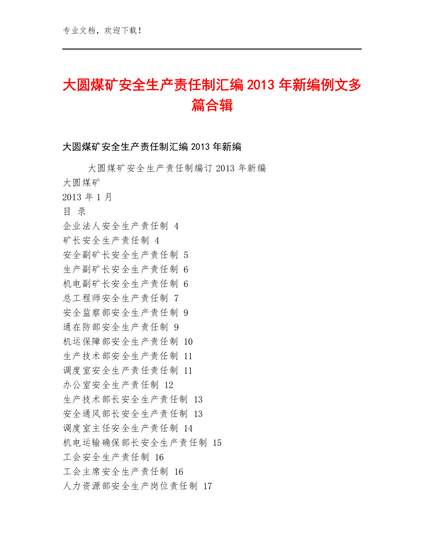 大圆煤矿安全生产责任制汇编2013年新编例文多篇合辑