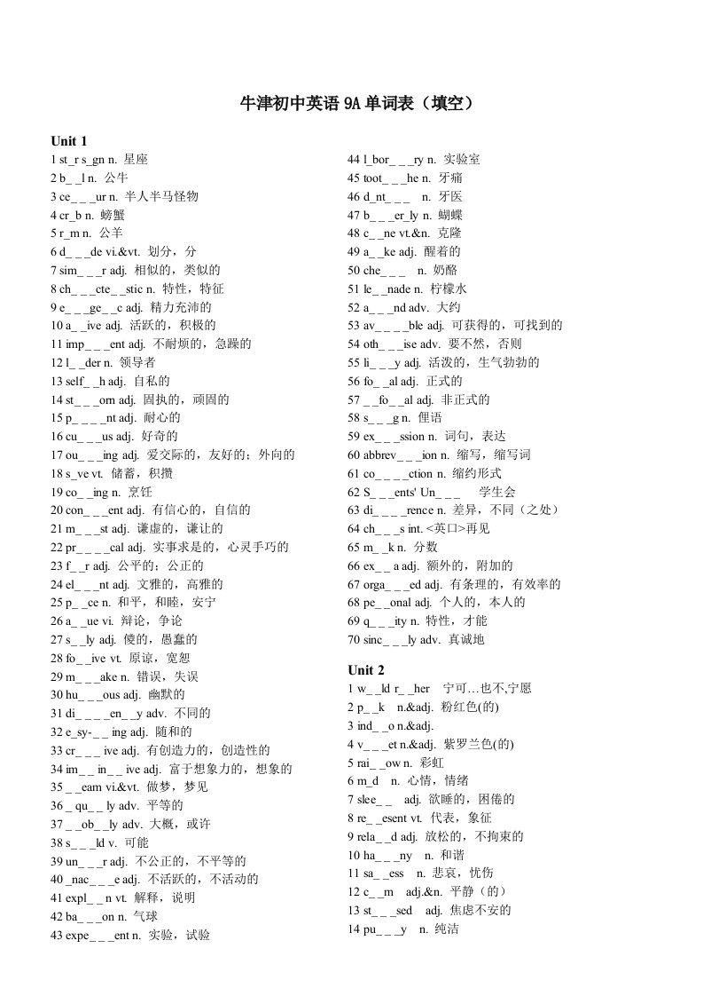 牛津初中英语9A单词表(填空)
