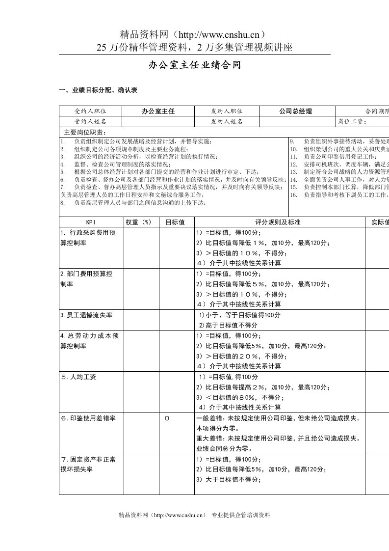 办公室主任业绩合同