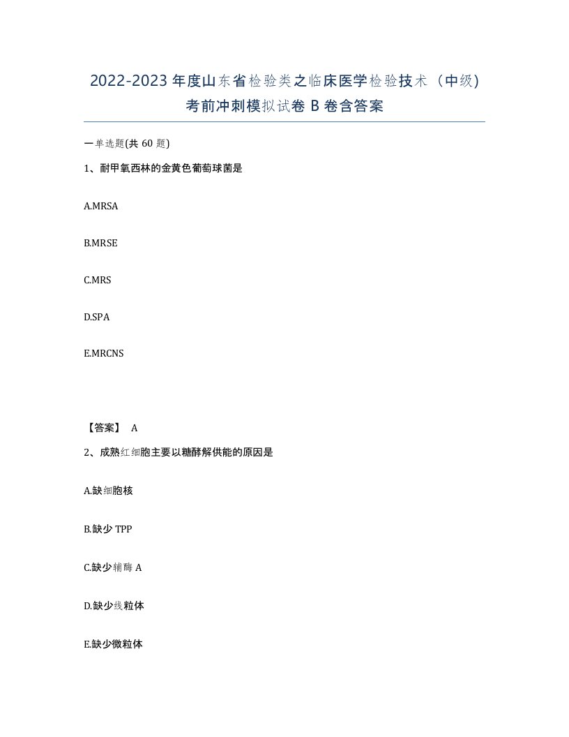 2022-2023年度山东省检验类之临床医学检验技术中级考前冲刺模拟试卷B卷含答案