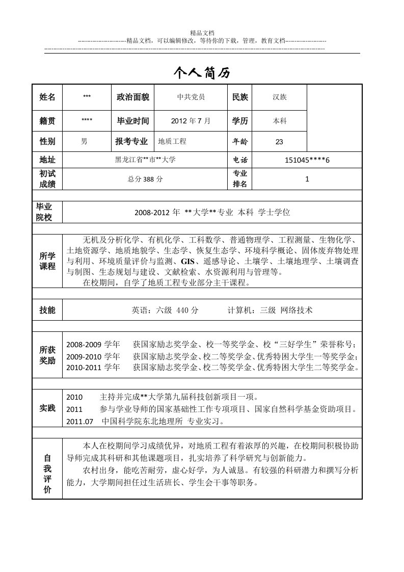 考研联系导师个人简历及陈述