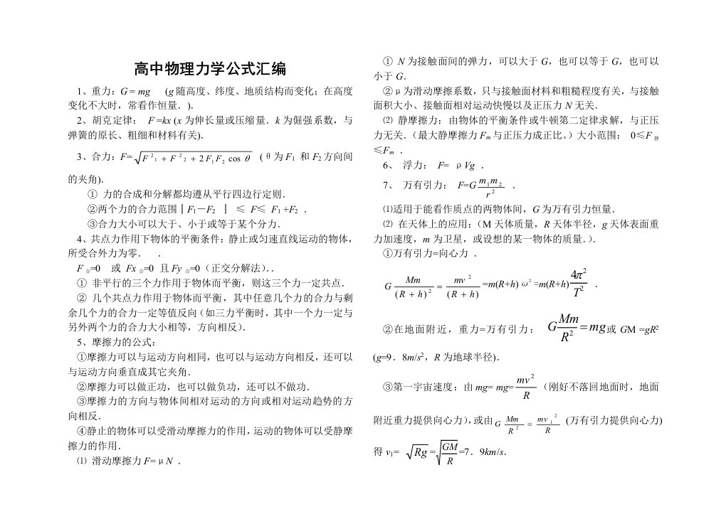 高中物理公式打印版