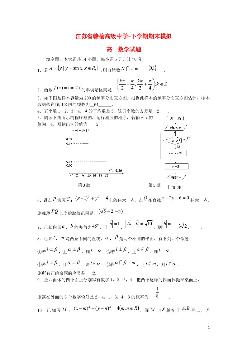 江苏省赣榆高级中学高一数学下学期期末模拟试题苏教版