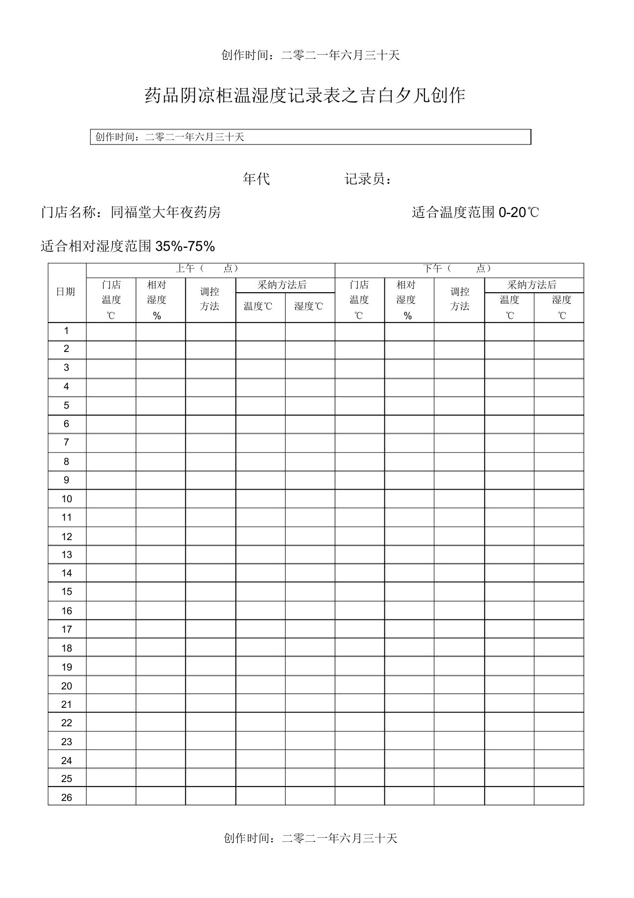 药品阴凉柜温湿度记录表