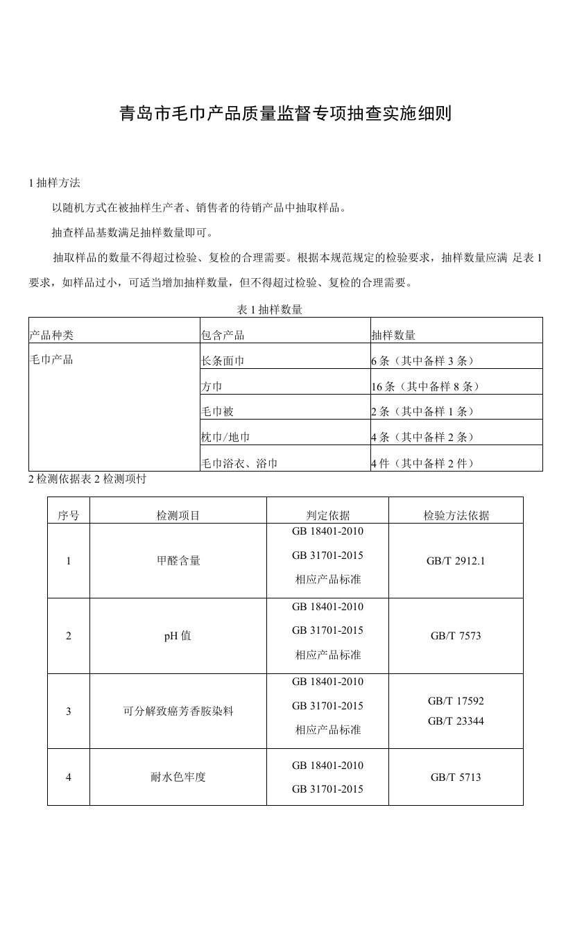 青岛市毛巾产品质量监督专项抽查实施细则