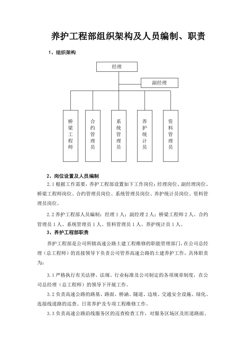 养护工程部组织架构及人员编制