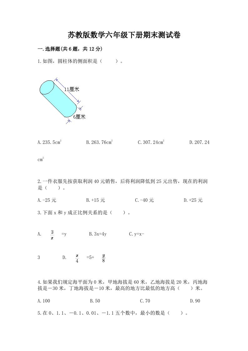 苏教版数学六年级下册期末测试卷【各地真题】