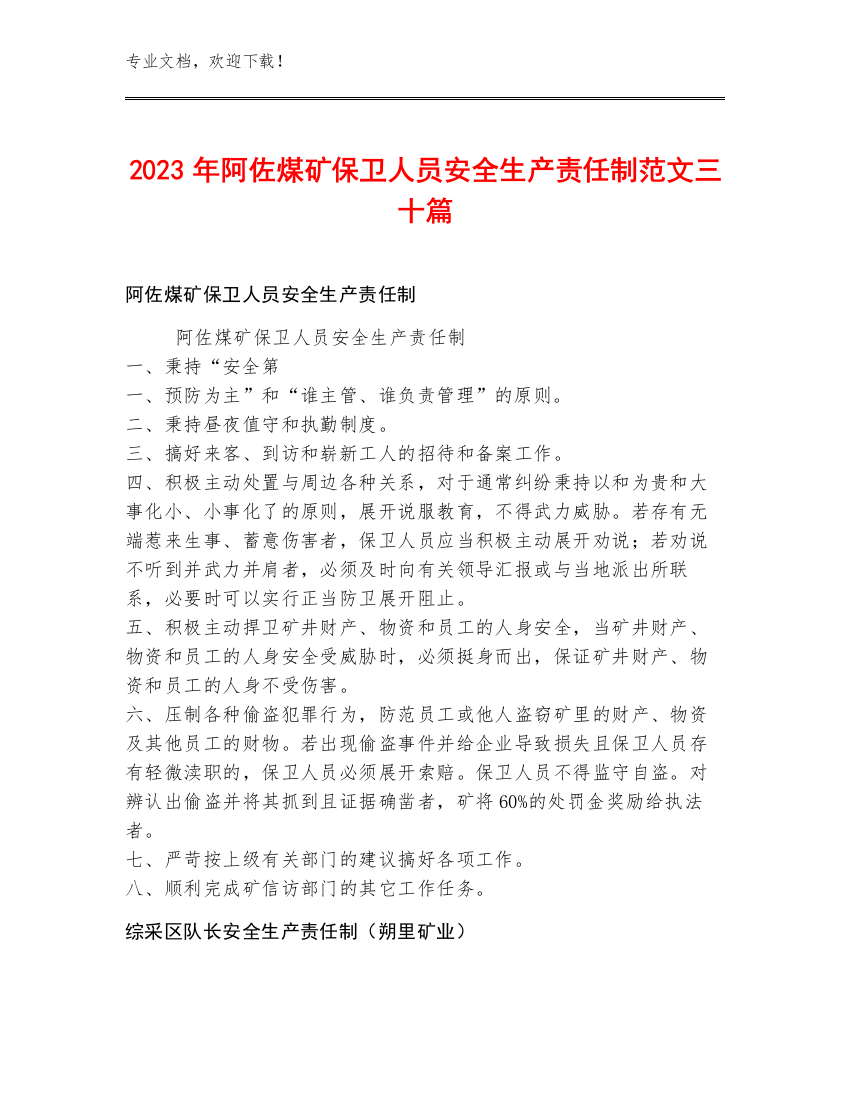 2023年阿佐煤矿保卫人员安全生产责任制范文三十篇