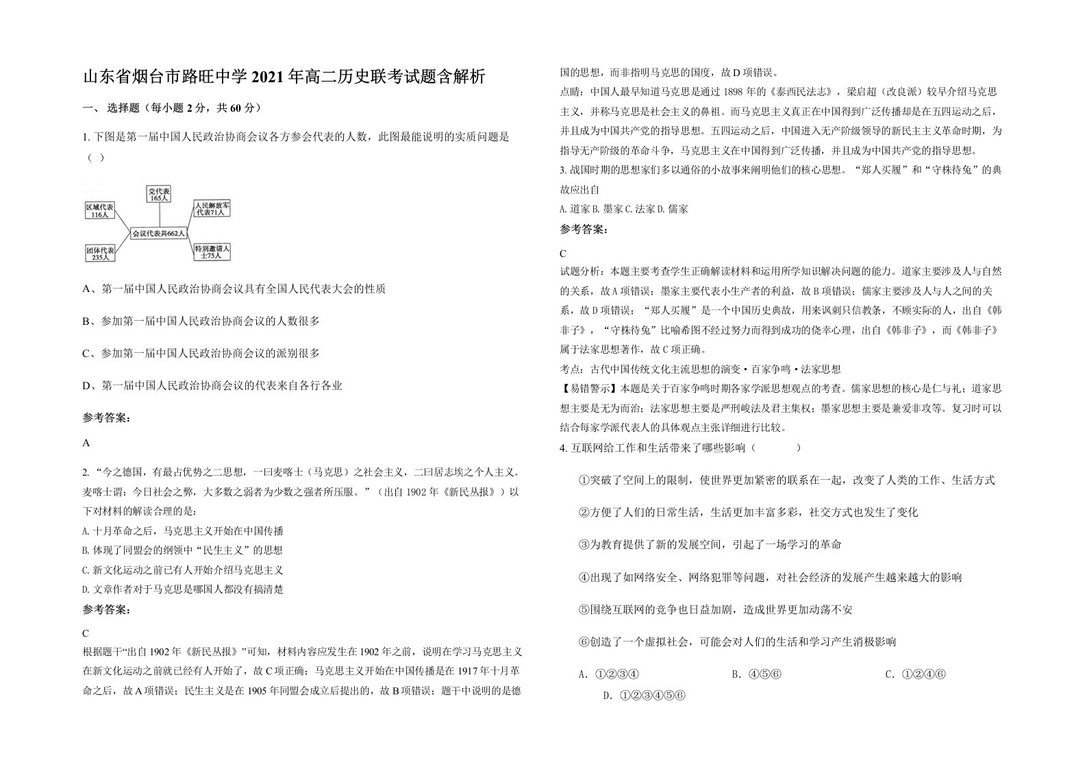 山东省烟台市路旺中学2021年高二历史联考试题含解析