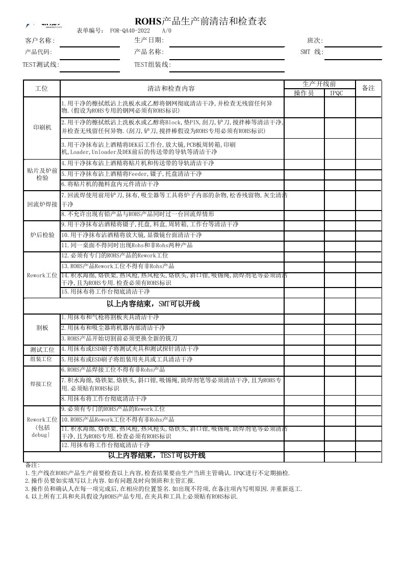 ROHS产品生产前清洁和检查表