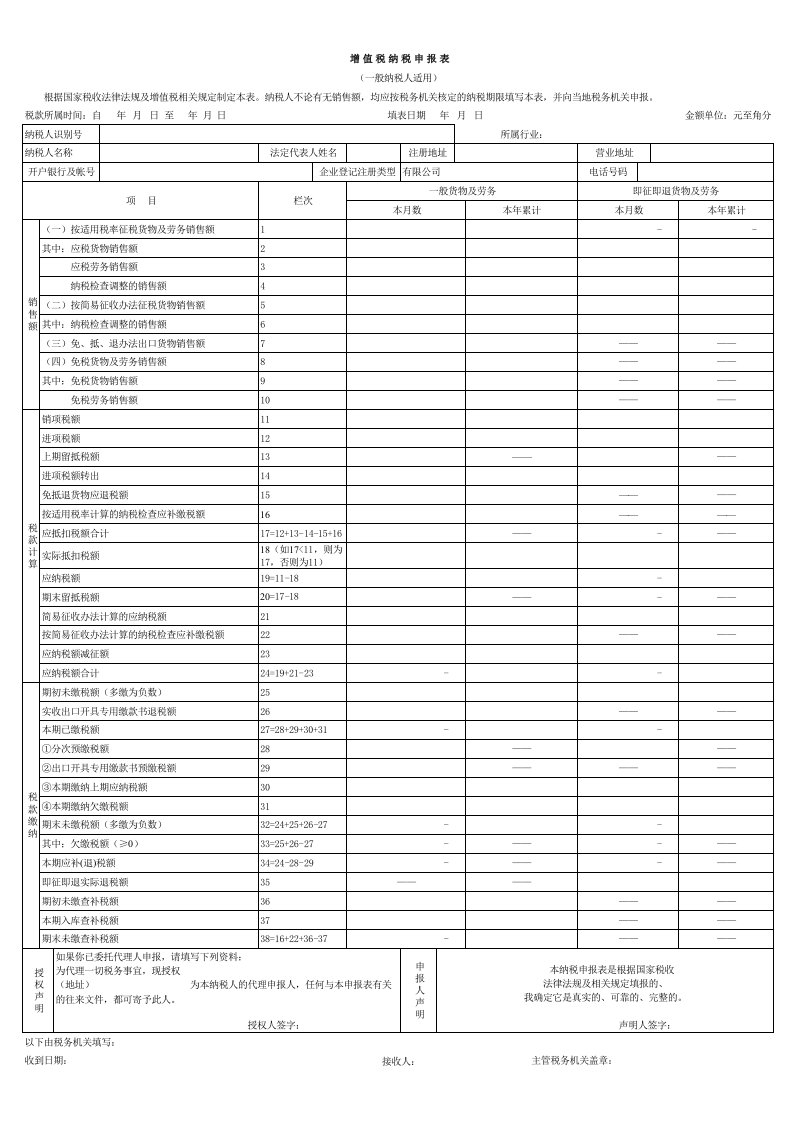 河北省一般纳税人增值税申报表