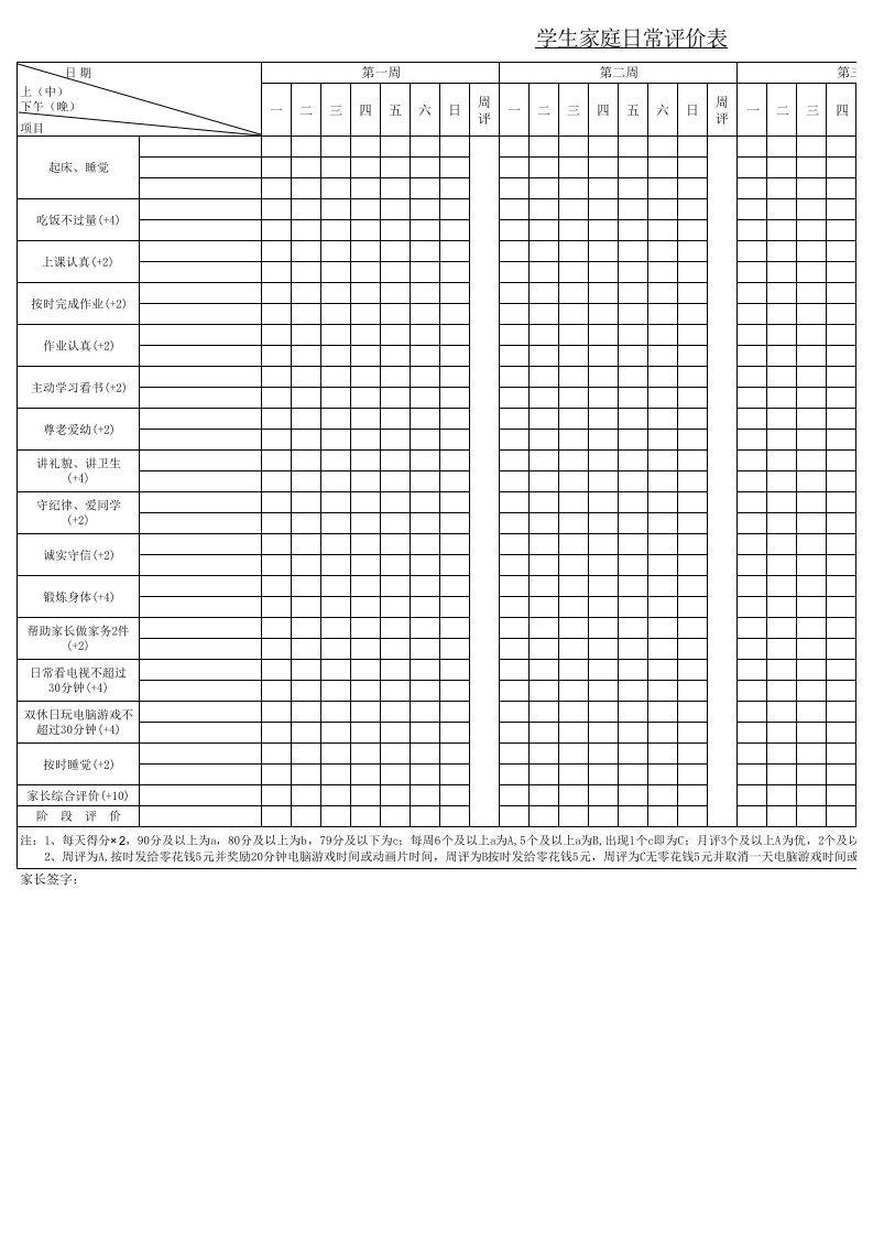 小学生家庭日常评价表