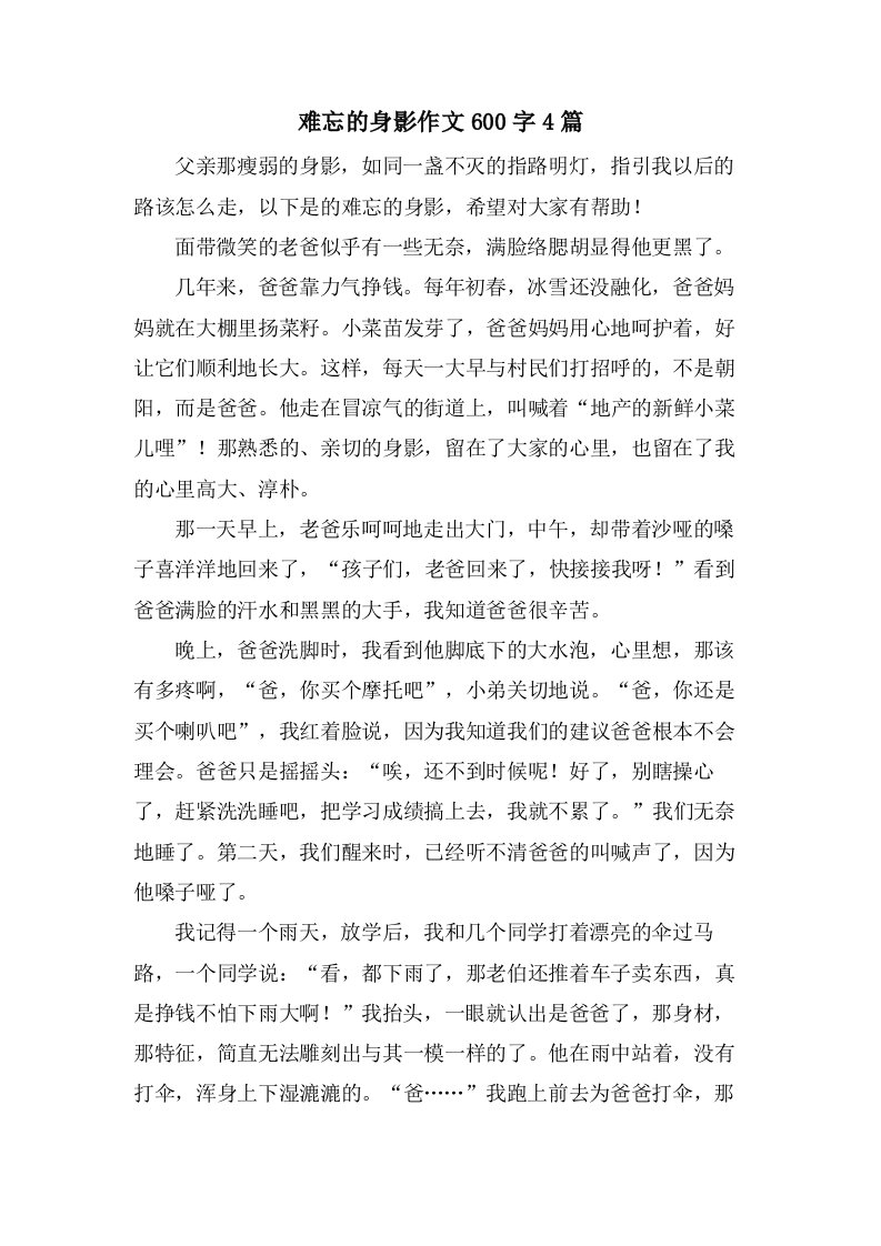 难忘的身影作文600字4篇