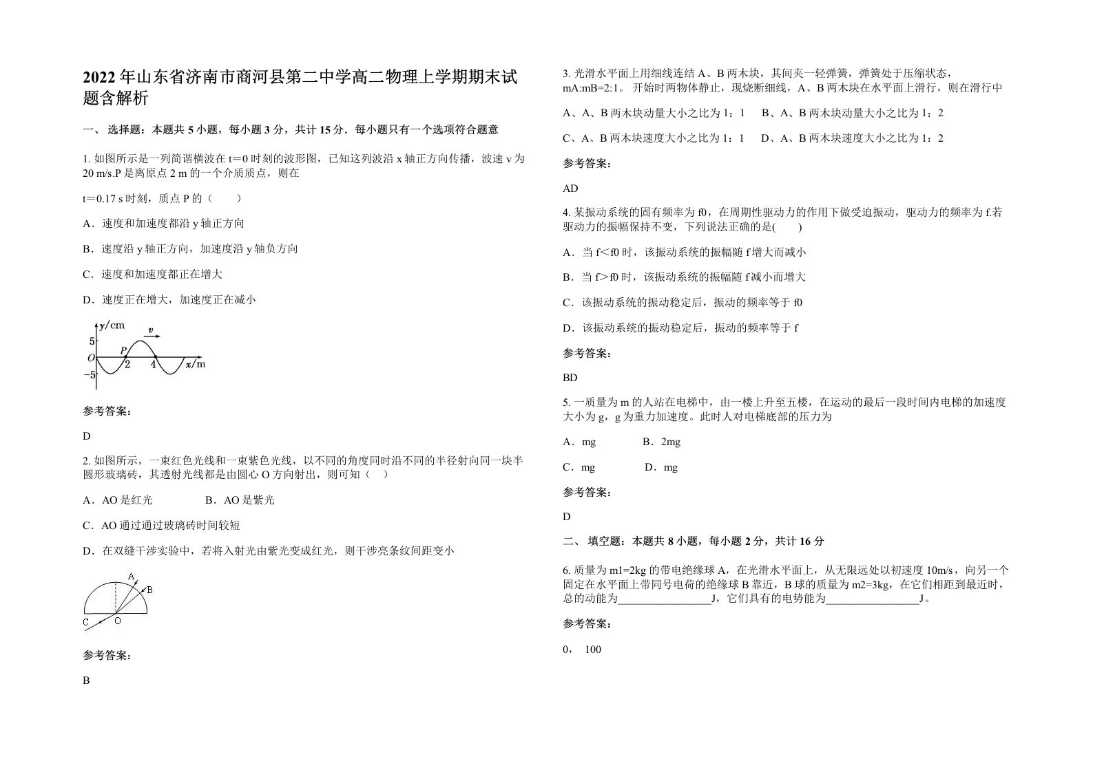 2022年山东省济南市商河县第二中学高二物理上学期期末试题含解析