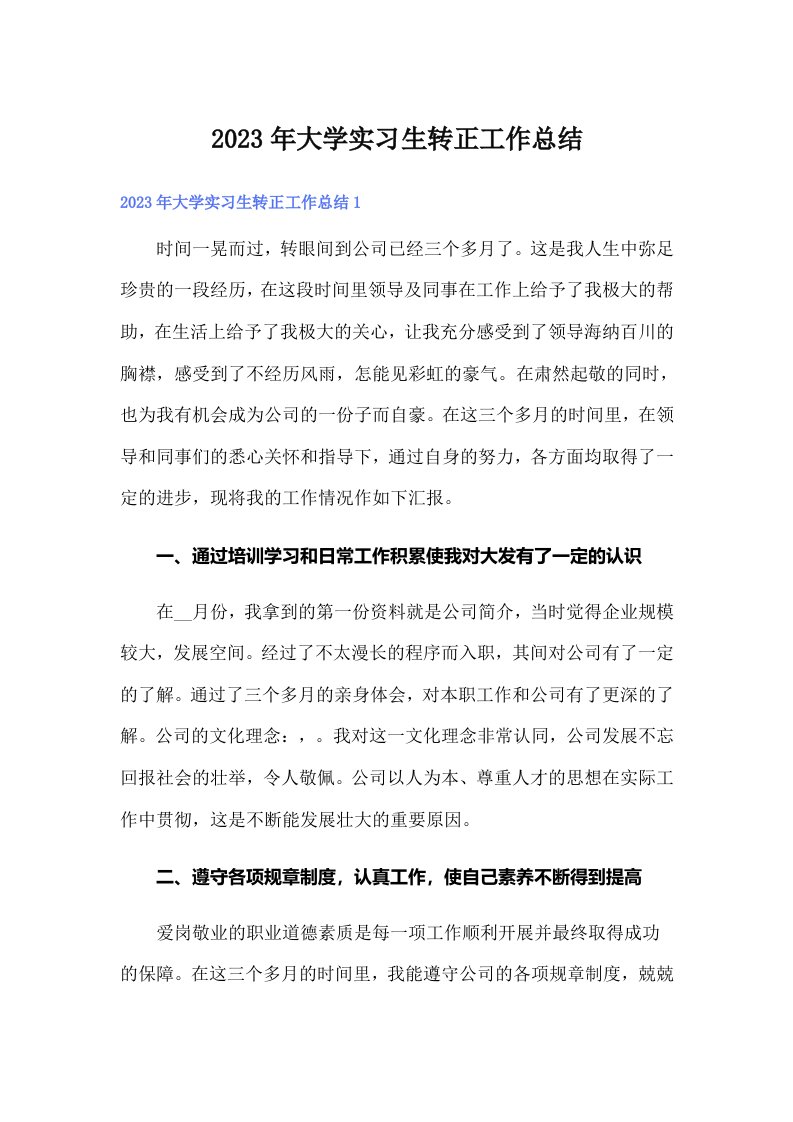 大学实习生转正工作总结