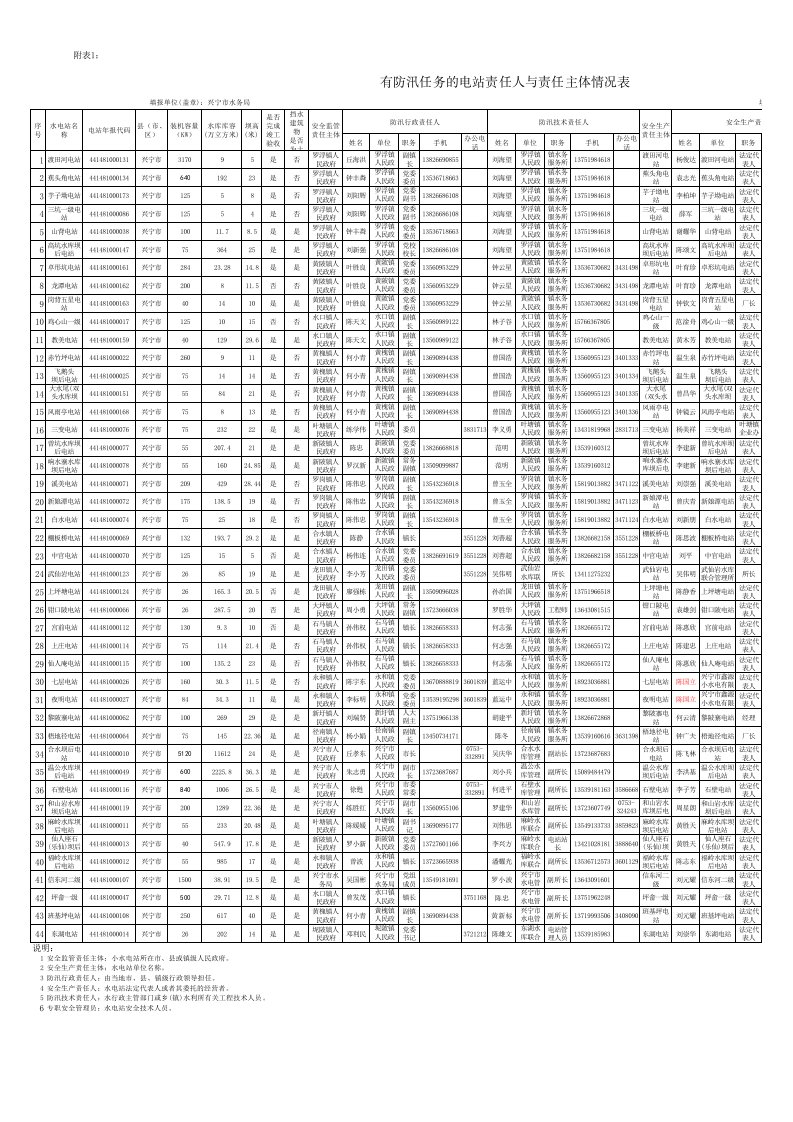 有防汛任务的电站责任人与责任主体情况表