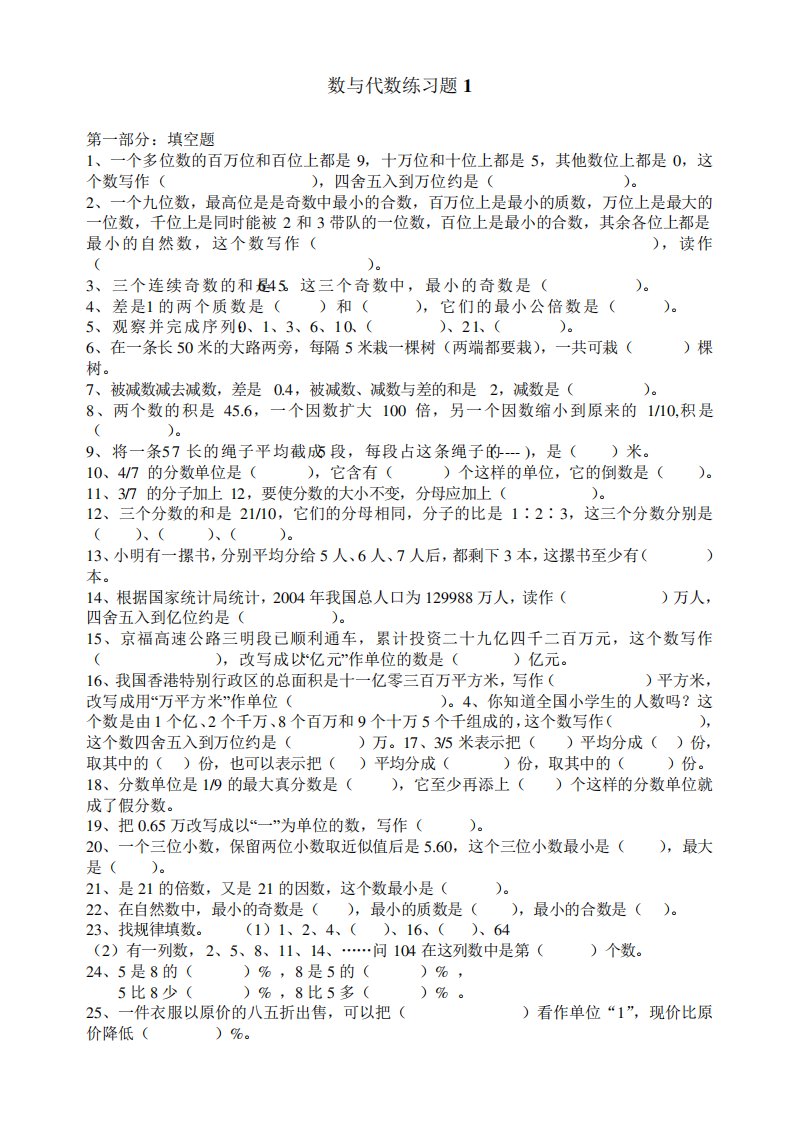 苏教版小学六年级数学数与代数专题复习试题(共9套)