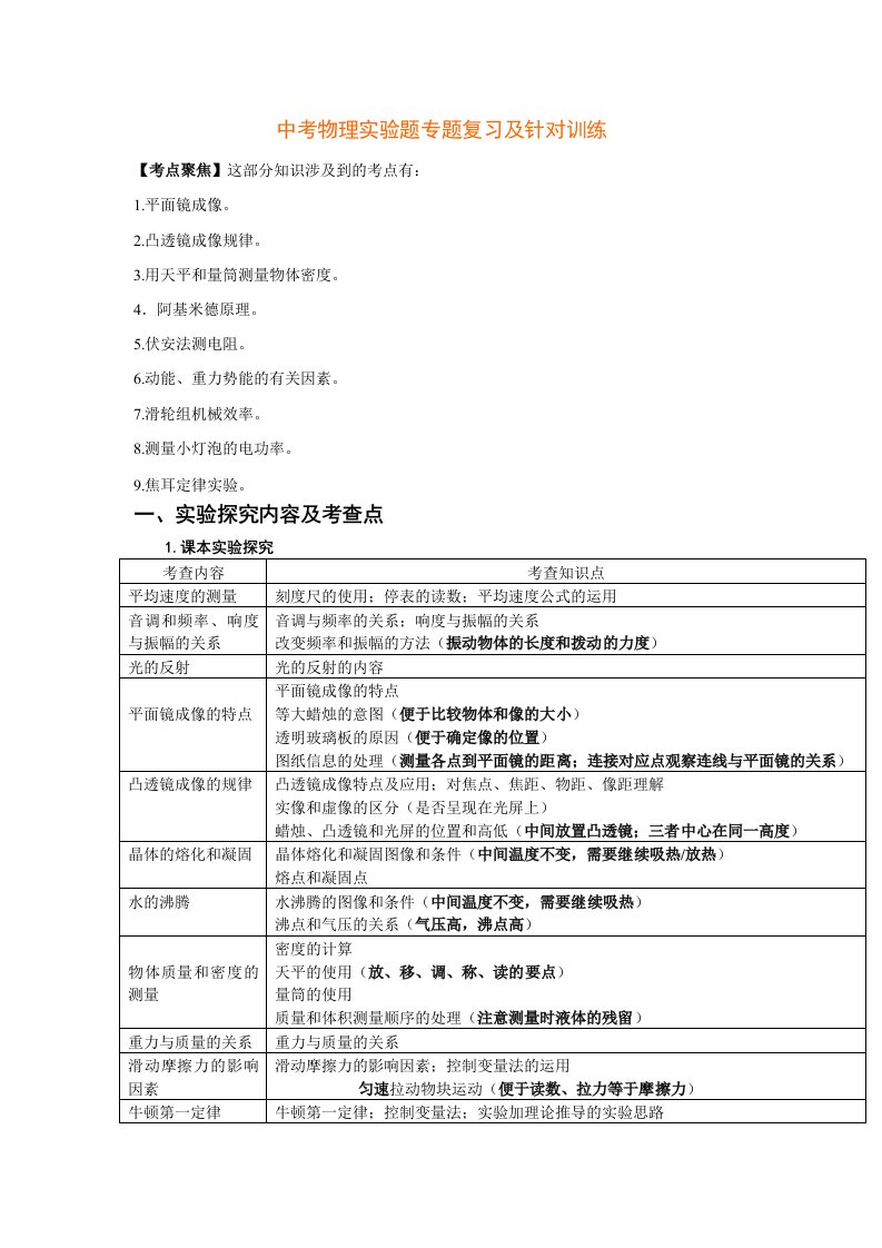 中考物理实验题专题复习及训练