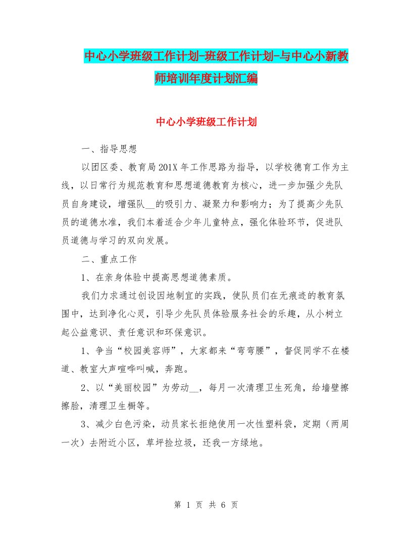 中心小学班级工作计划-班级工作计划-与中心小新教师培训年度计划汇编