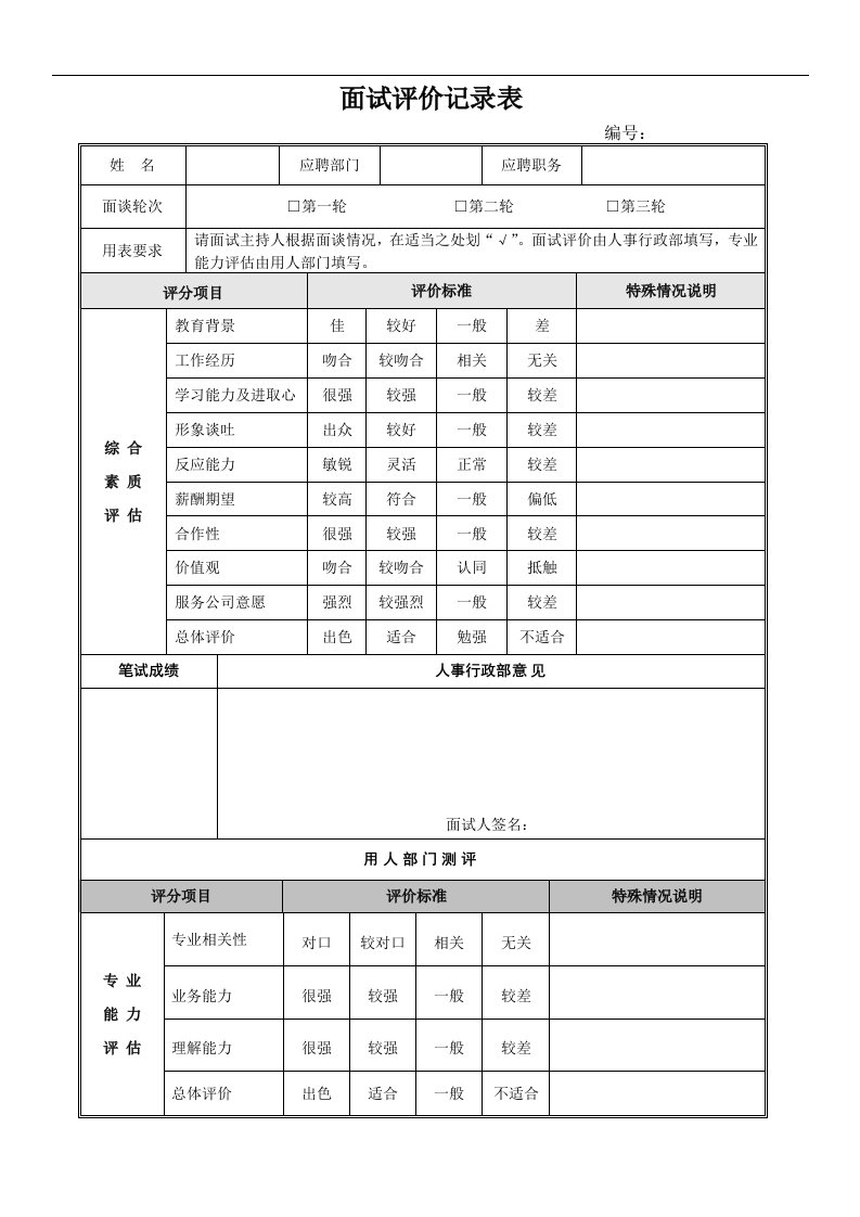 面试评价记录表