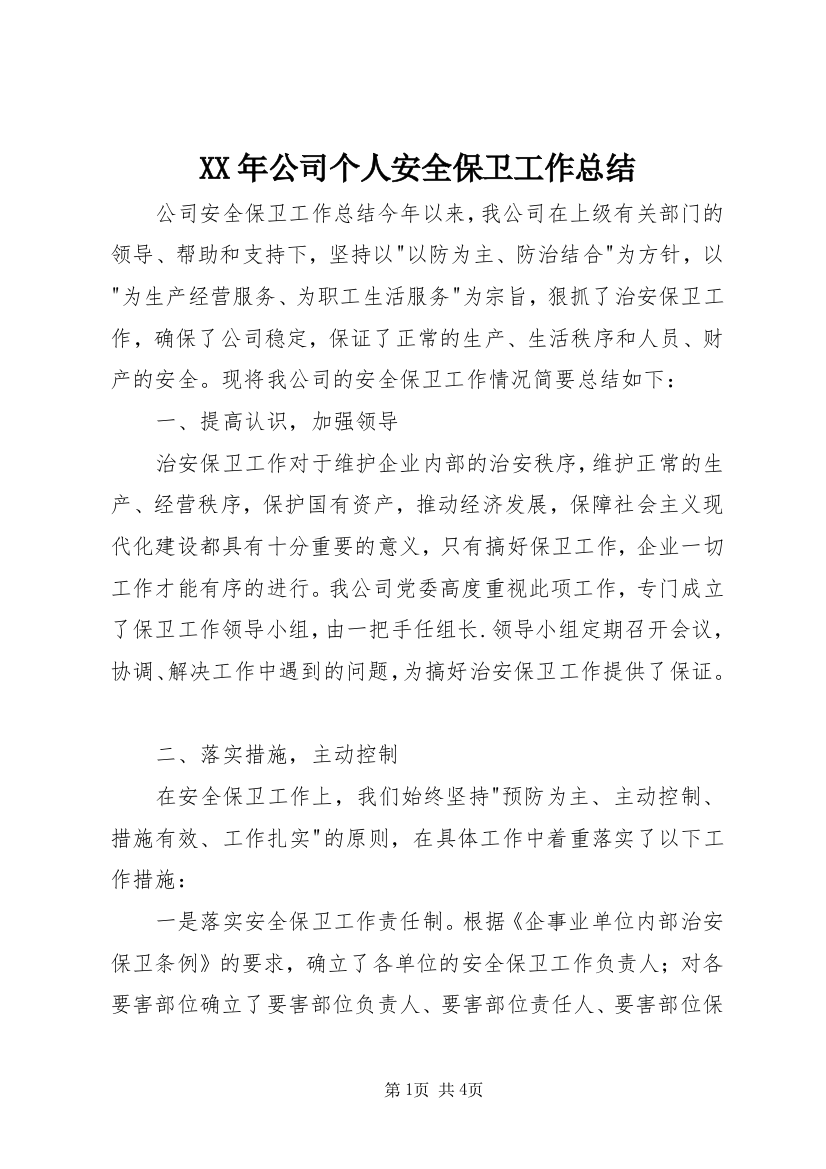 XX年公司个人安全保卫工作总结