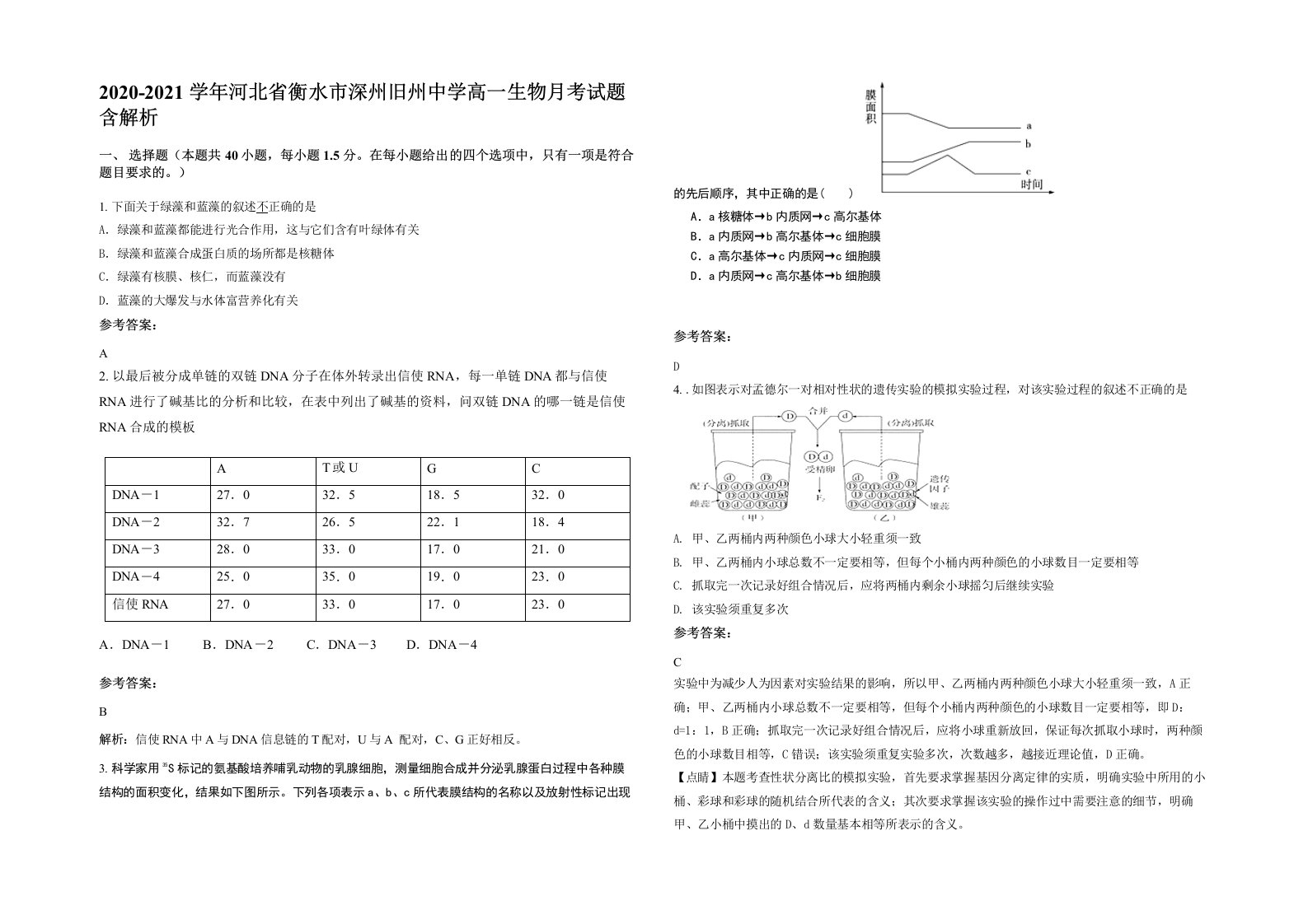 2020-2021学年河北省衡水市深州旧州中学高一生物月考试题含解析