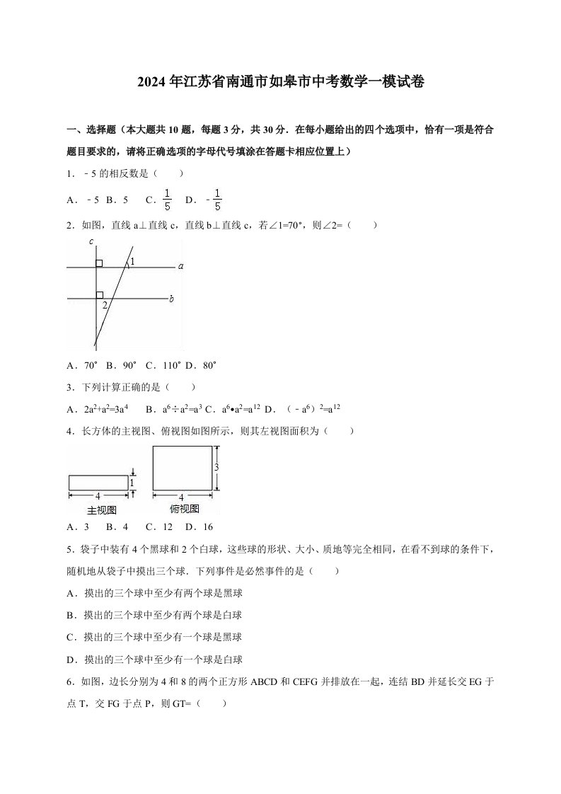 江苏省南通市如皋市2024年中考数学一模试卷含答案解析