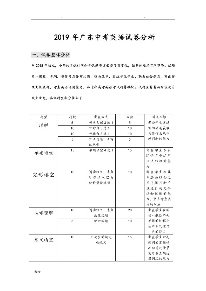 2019广东中考英语试卷分析报告