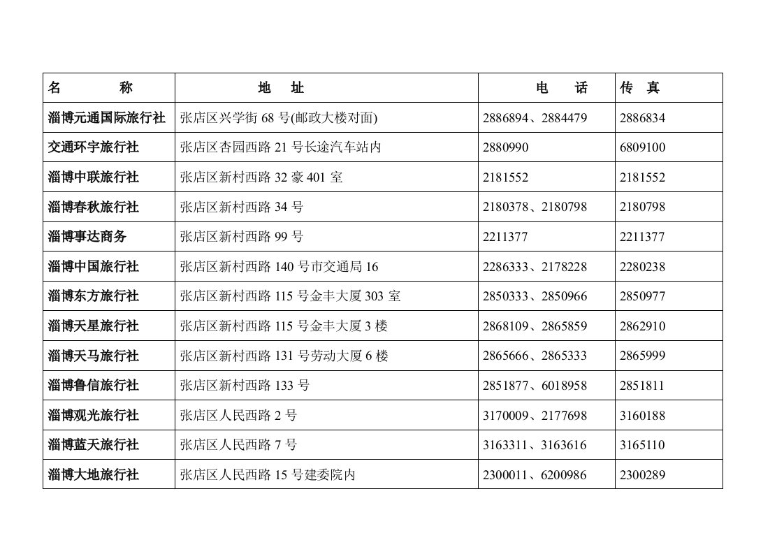 淄博旅行社名录全