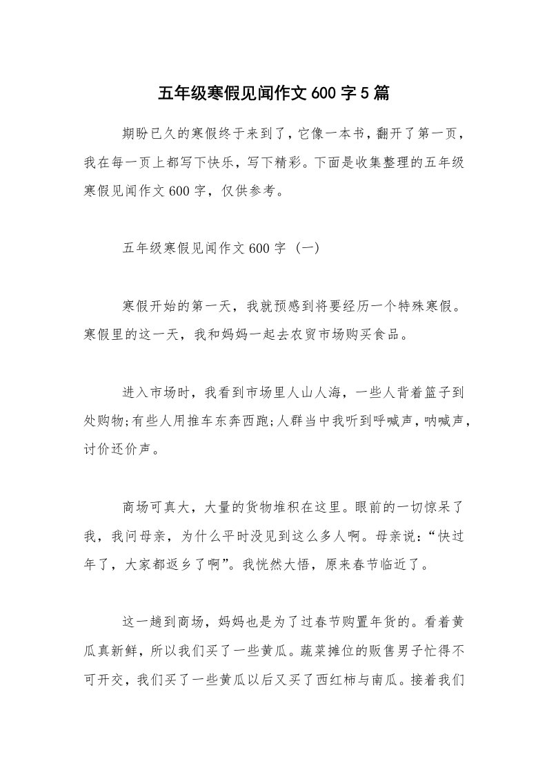 五年级寒假见闻作文600字5篇