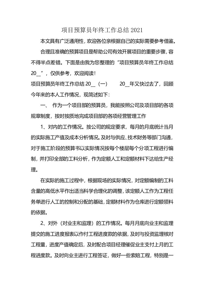 项目预算员年终工作总结2021