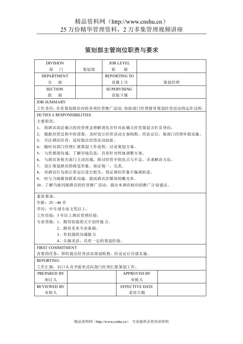 策划部主管岗位职责与要求