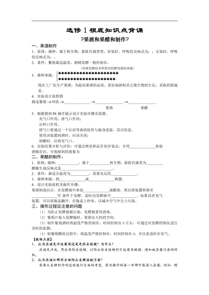 最新高三生物选修1六个课题知识点背诵