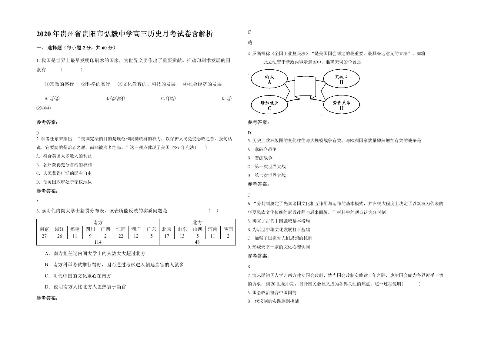 2020年贵州省贵阳市弘毅中学高三历史月考试卷含解析