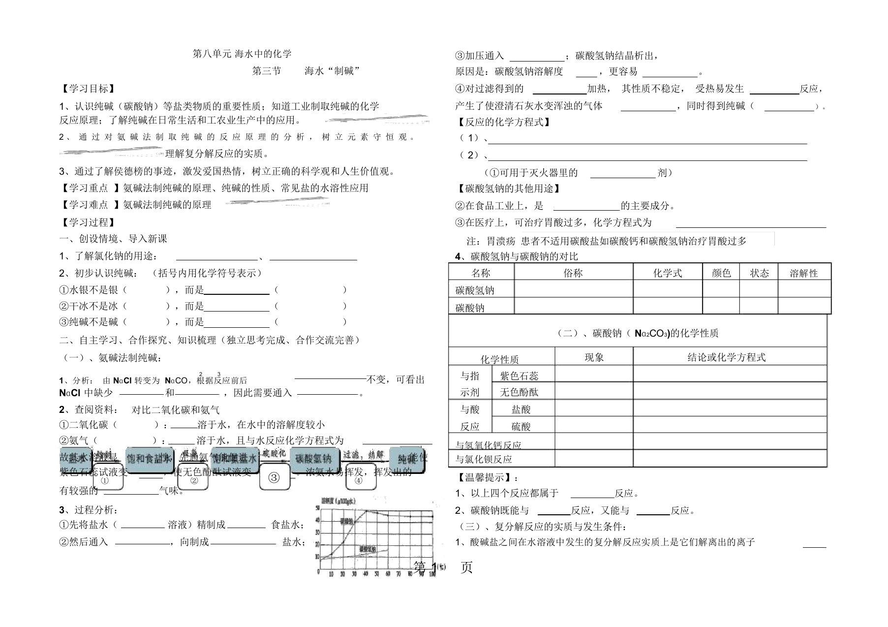 鲁教版九年级化学上册83第八单元第三节海水制碱—导学案无答案